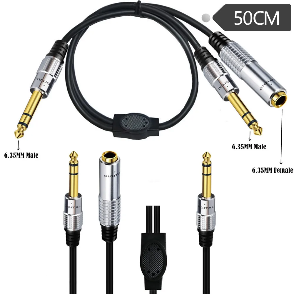 6.35mm Female Jack to 2 x 1/4& Male Plug Stereo Audio Adapter Speaker Y Splitter Cable Gold Plated Cable Cord 0.5m