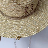 White straw hat pearl chain DIY flat top sun hat new Korean elastic ribbon hat beach hat candy color sun hat - Image 4