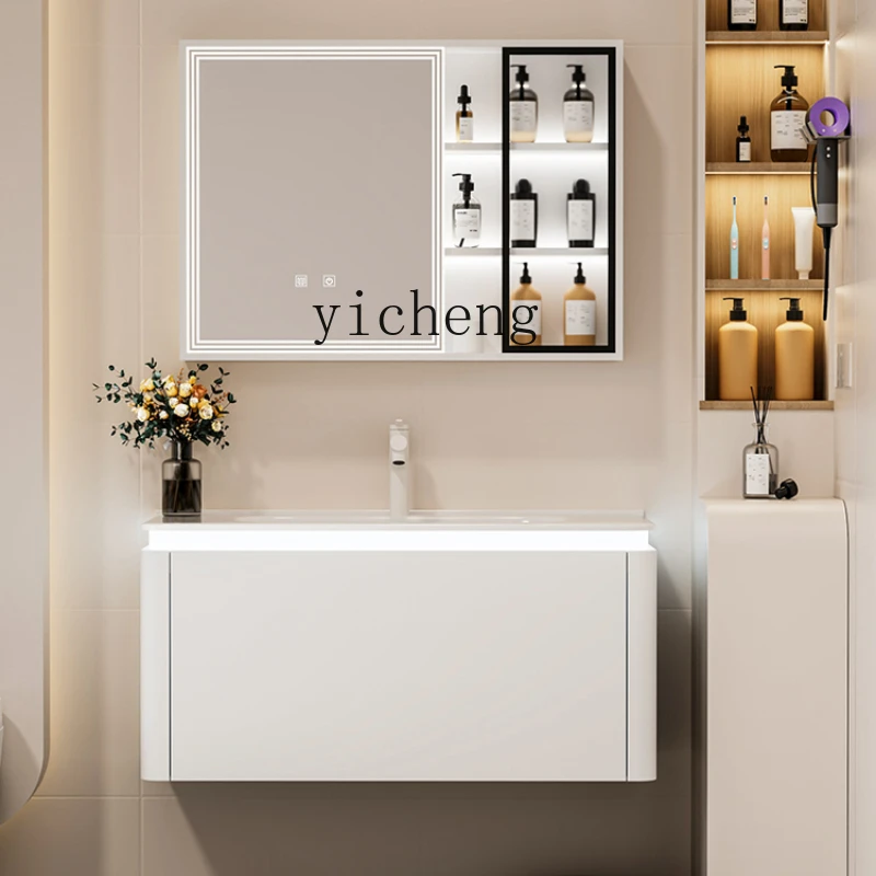 

Tqh Bathroom Cabinet Combination Solid Wood Circular Arc Skin Feeling Ceramic Whole Washbin Bathroom Wash Basin