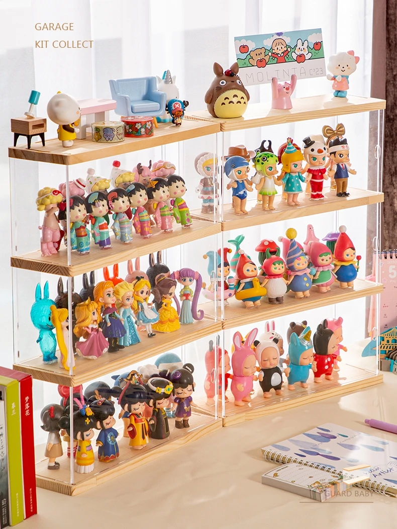 Présentoir en bois acrylique pour figurines d'anime, mini vitrine d'action,  boîte de rangement pour jouets, beurre anti-poussière