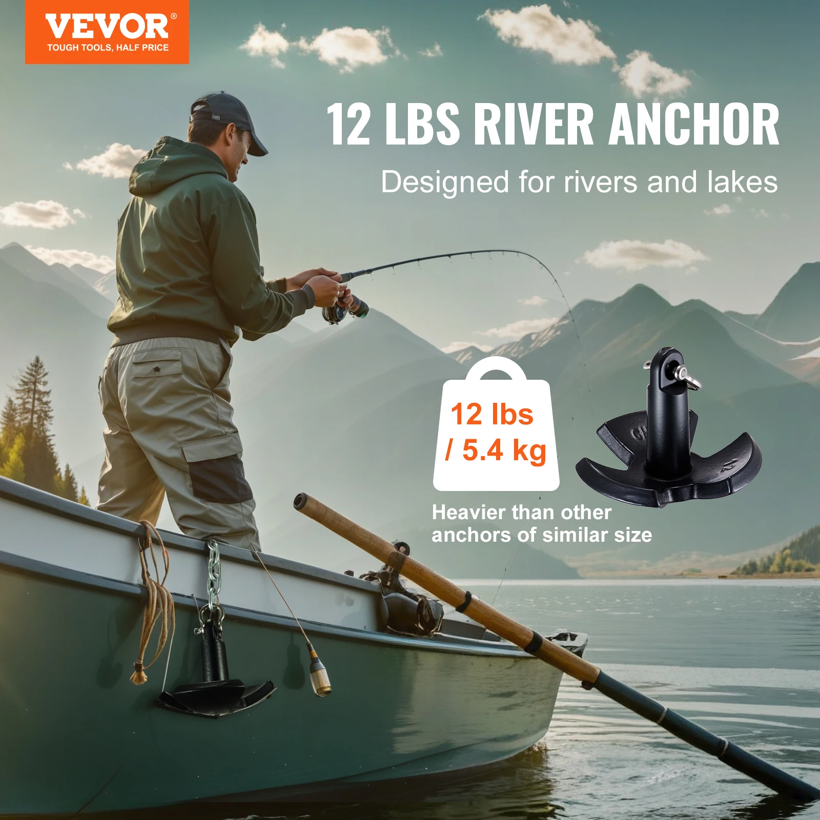 River Anchor 12LBS Boat Anchor Cast Iron Black Vinyl-Coated with Shackle Marine Grade Mushroom for Boats Up To 10ft