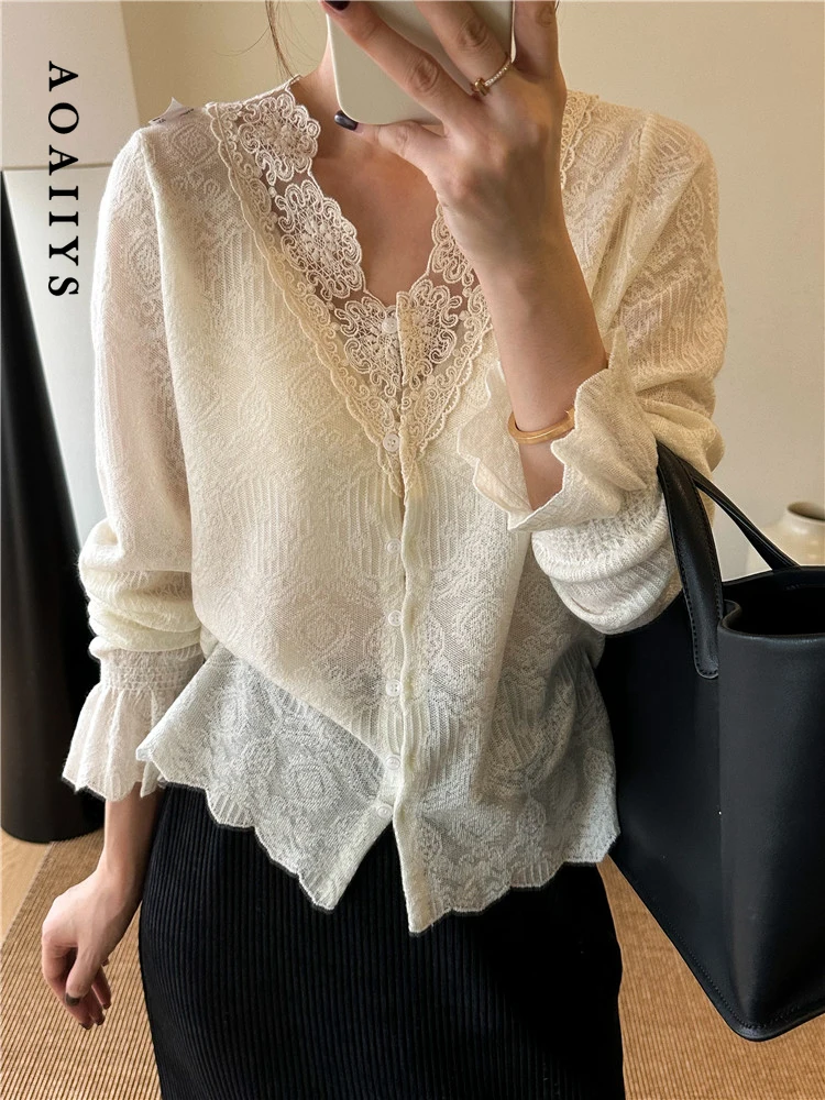 Elegant V-Neck Lace Spliced Cardigan with Flare Sleeves - Women's Autumn Knitwear
