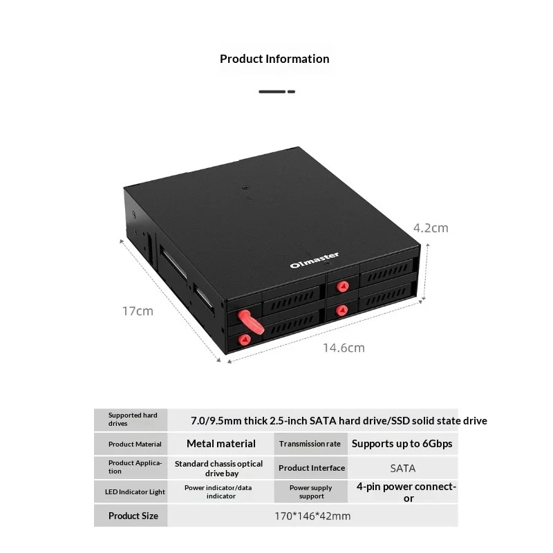 PC 5.25인치 베이용 4베이 2.5인치 SATA HDD 인클로저 - 금속 구조, 키 잠금, 핫스왑 가능, LED 표시등