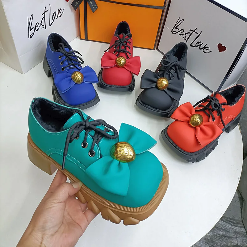 

2022 Womens Platform Square Toe BowKnot Chunky High Heel Oxfords Lace Shoes Creepers Candy Colors New 2022