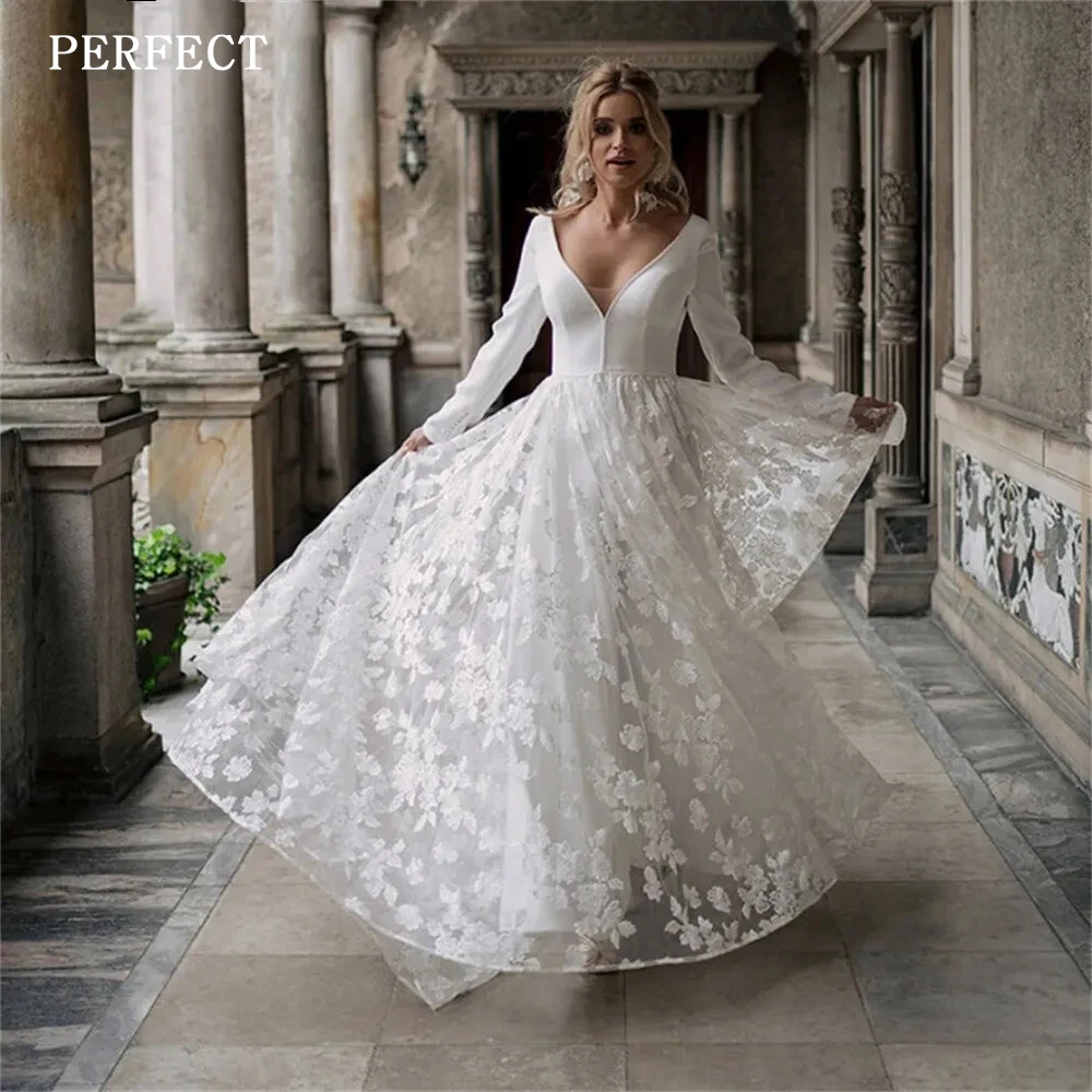 

PERFECT Elegant Wedding Dresses A-Line Bridal Gowns Lace Appliques V-Neck Backless Long Sleeves Sweep Train Vestidos De Novia