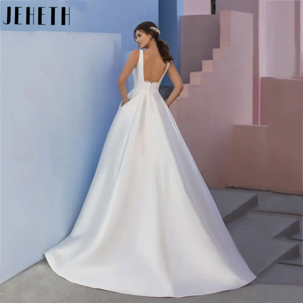 JEHETH Spaghetti Straps Satin V-Neck Bridal Dresses Backless Sleeveless Wedding Gowns Back Buttons Robe De Mariée Custom Made
