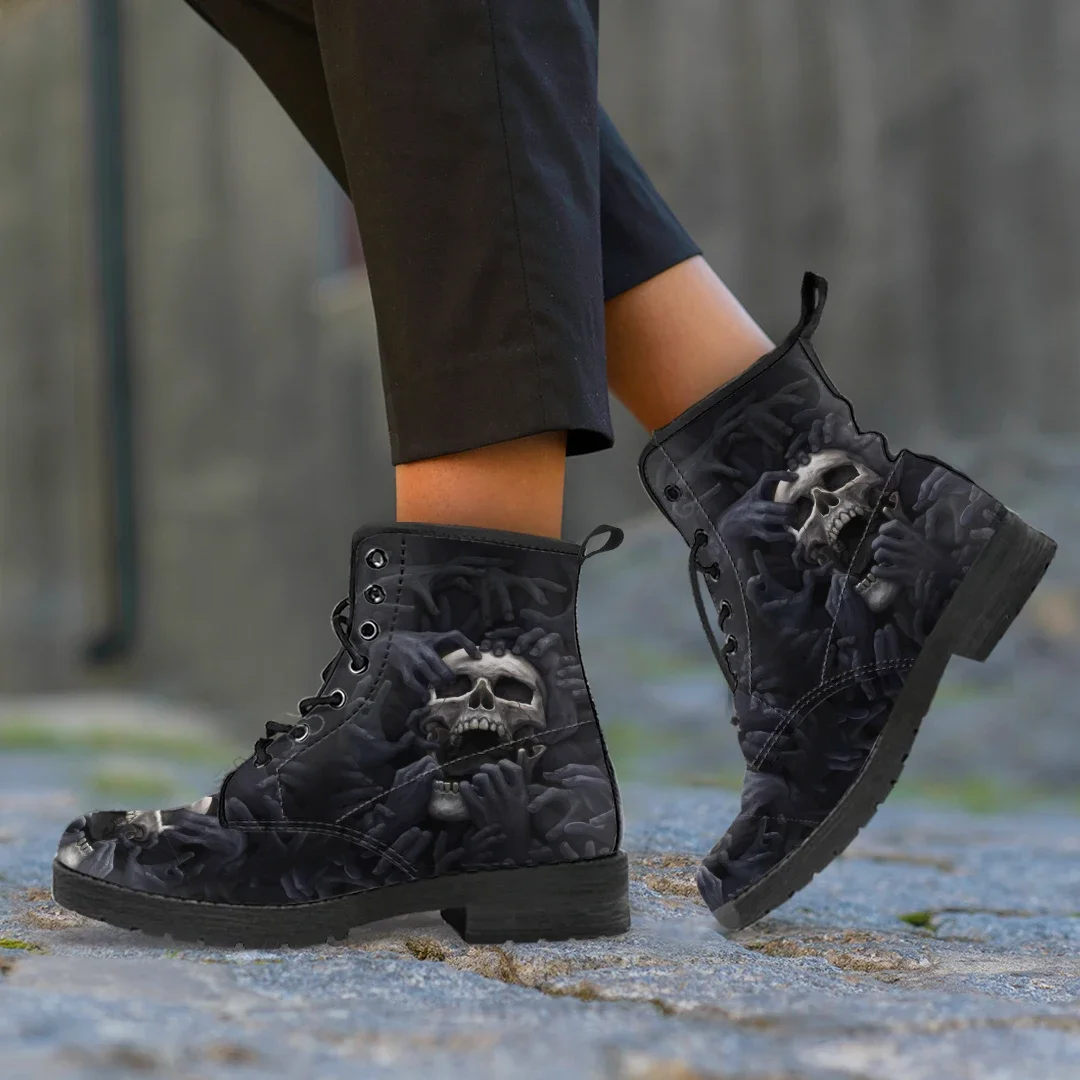 Skull Pattern PU Leather Outdoor Lady Boots Casual Women Low Heels Autumn Winter Female Ankle Boots Footwear Dropshipping