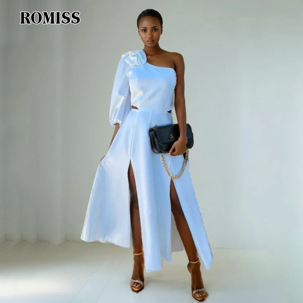 

ROMISS Solid Hollow Out Spliced Appliques Dress For Women Diagonal Collar One Shoulder Sleeve High Waist Chic Dress Female