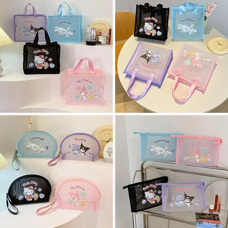 

Sanrios Anime Cartoon Kt Kuromi My Melody Cinnamoroll Clutch Kawaii Sweet Sells Cute Mesh Transparent Hand Makeup Pouch Wash Bag