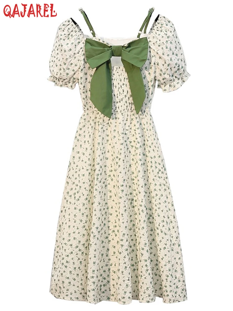 

Женское зеленое Цветочное платье миди с бантом и открытой спиной, летнее Новое Элегантное повседневное платье с вырезом на рукавах, облегающие пляжные вечерние платья в Корейском стиле