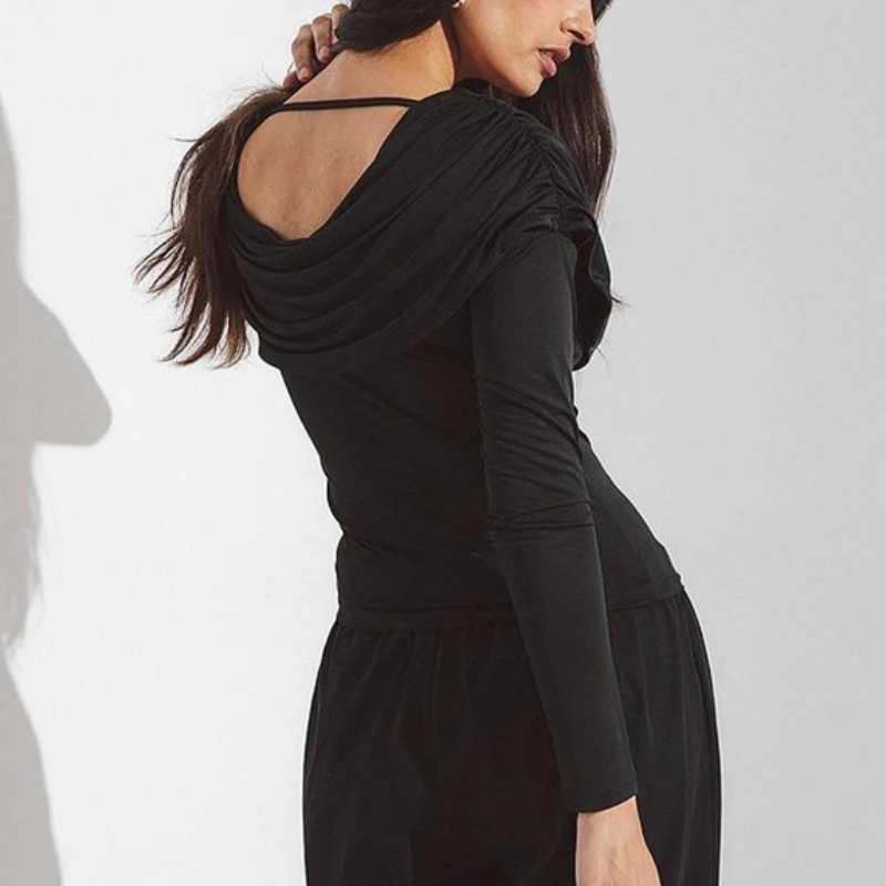 New Spring and Summer 2026 Deep Round Neck Folded Solid Color Women's Long Sleeve T-Shirt Y2k Fashion Slim Fit Pullover Top