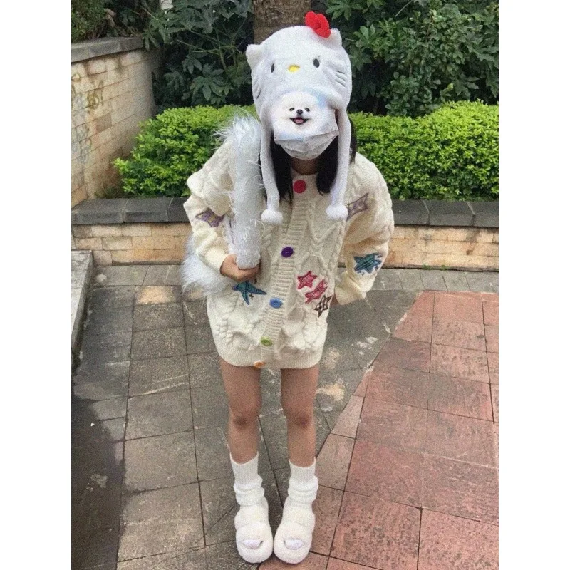 

Deeptown Vintage y2k Star Sweater Cardigan Women Japanese Style Embroidery Beige Jerseys Harajuku Button Up Knitted Tops Female