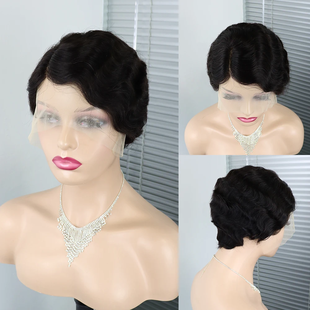 

Short Wigs Human Hair For Women Part Lace Wig Brazilian Finger Wave Wig Short Pixie Cut Wig Natural Color Glueless 150% Density