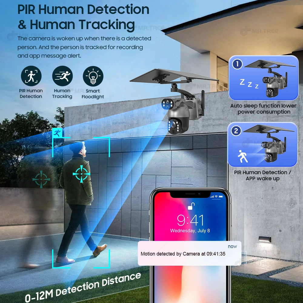 50XZOOM Telecamera solare 4G SIM/WiFi Telecamera di sicurezza esterna a doppio obiettivo con visione notturna, sorveglianza wireless impermeabile per giardino - immagine 3