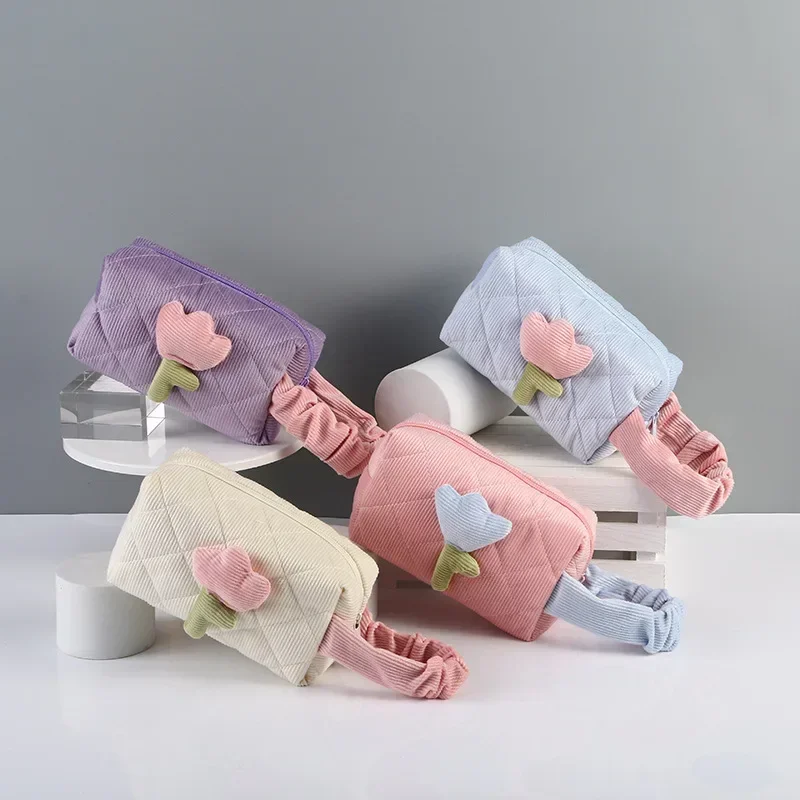 여성용 튤립 꽃 파우치, 대용량 여행 화장품 가방, 코듀로이 지퍼 가방, 휴대용 보관 메이크업 정리함, 패션