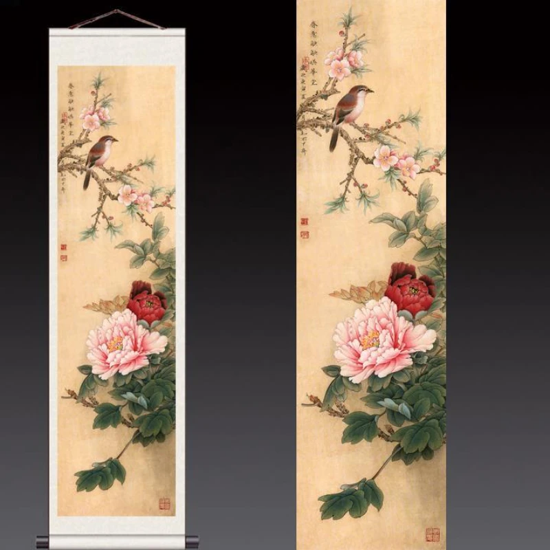 

Chinese Style Flower Scroll Paintings Wall Art Posters Vintage Room Decor Aesthetic Wall Hanging Peony Picture Home Decoration