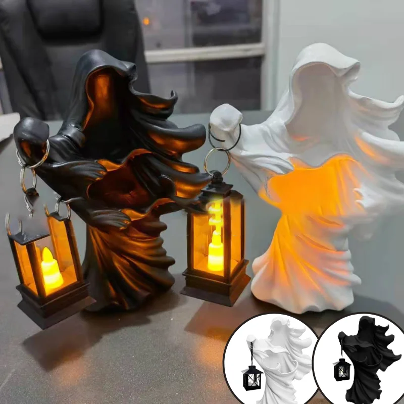 

The Ghost Looking for Light New Hell Messenger Witch with Lantern Realistic Resin Ghost Sculpture for Halloween Scary Decoration