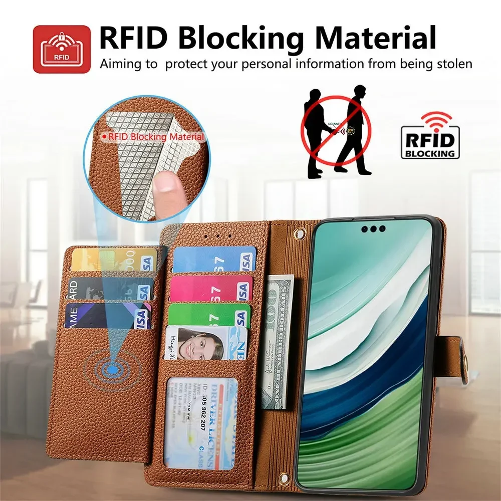 Leather Zipper Wallet Case with Anti-Theft and Magnetic Flip for Honor Magic Series 5G