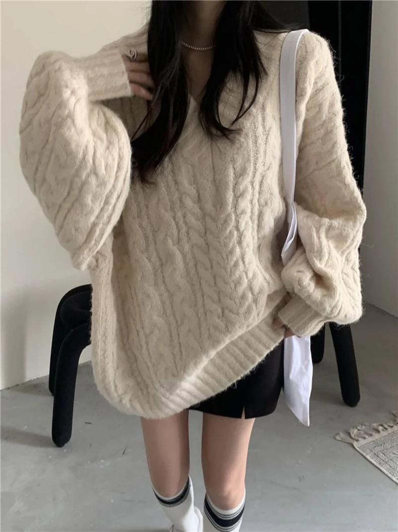 Oversized Sweater Women Fashion Preppy Pink V Neck Knitted Pullovers Harajuku Korean Long Sleeve Knitwear Winter Jumpers