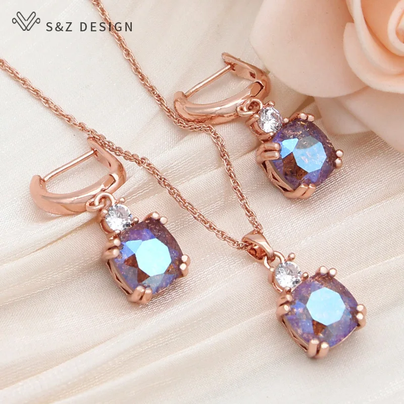S&Z DESIGN New Fashion Maillard Autumn Winter Orange Square Crystal Jewelry Sets For Women 585 Rose Gold Color Drop Earrings
