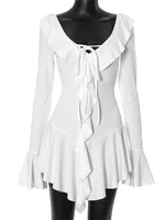 Tossy Ruffled Lace-Up White Mini Dress Women's V-Neck Patchwork Long Sleeve Sexy Slim Dress Bandage Elegant Female Summer Dress - Image 6