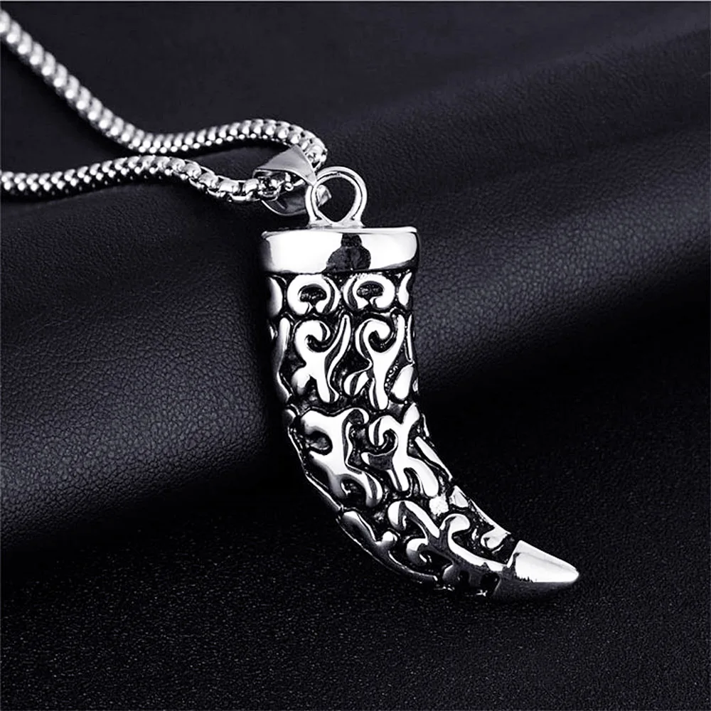 FIREBROS New Stainless Steel Horn Wolf Tooth Pendant Necklace 24" Chain Women Men Punk Rock Hiphop Jewelry Dropshipping