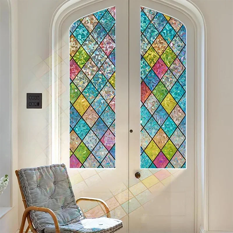 Window Film Rainbow Holographic Window Privacy Film Decorative UV Sun Blocking Static Cling Covering for Home