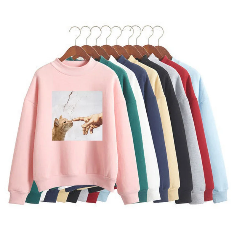 

Funny Cute Cat Cartoon Image Print Woman Sweatshirts Sweet Korean O-neck Knitted Pullovers Autumn Candy Color Women Clothing