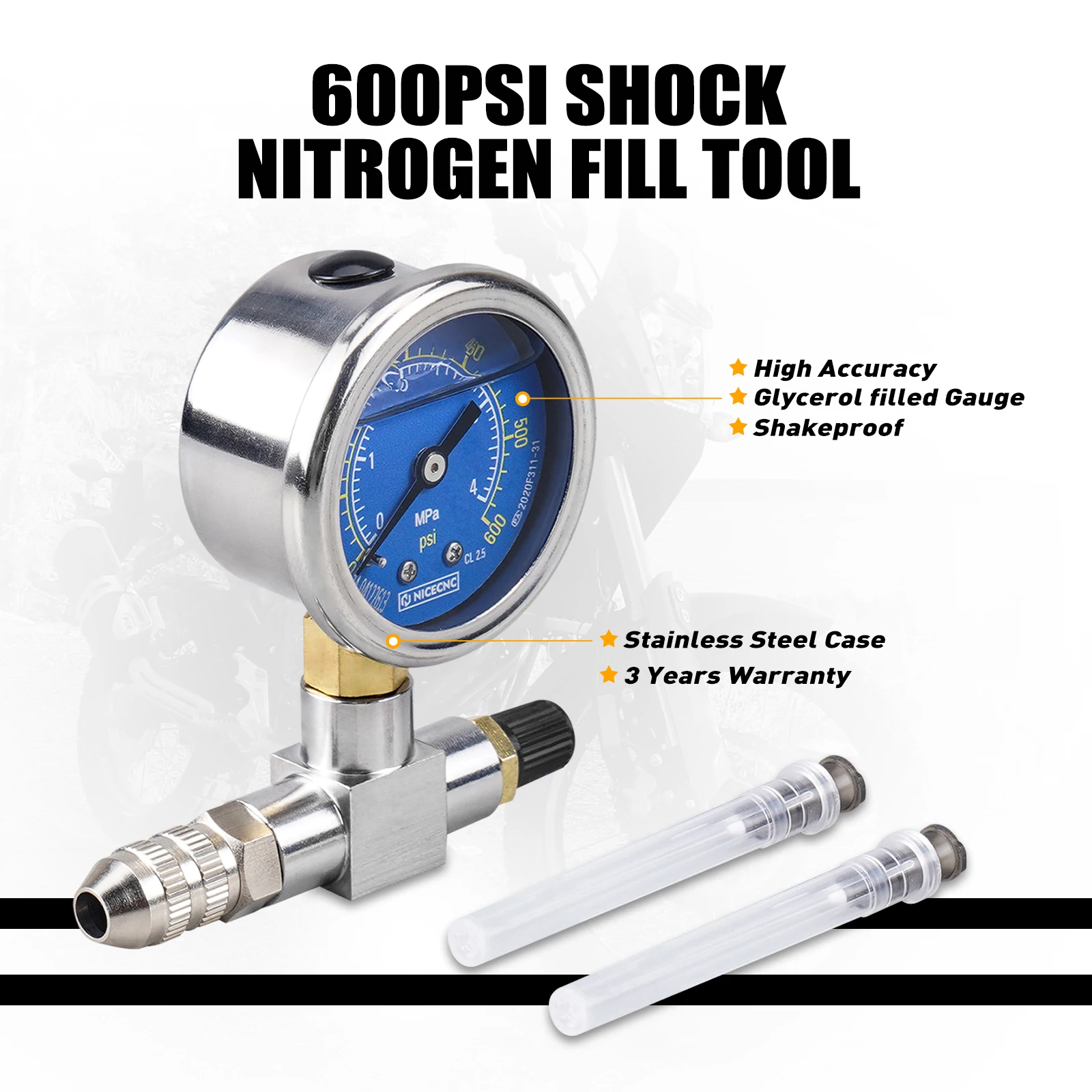 Shock Nitrogen Gauge Needle Fill Tool 350 600PSI Yamaha Polaris RZR CanAm Arctic Cat Snowmobile KTM Honda Suzuki Kawasaki motorcycle shock pump