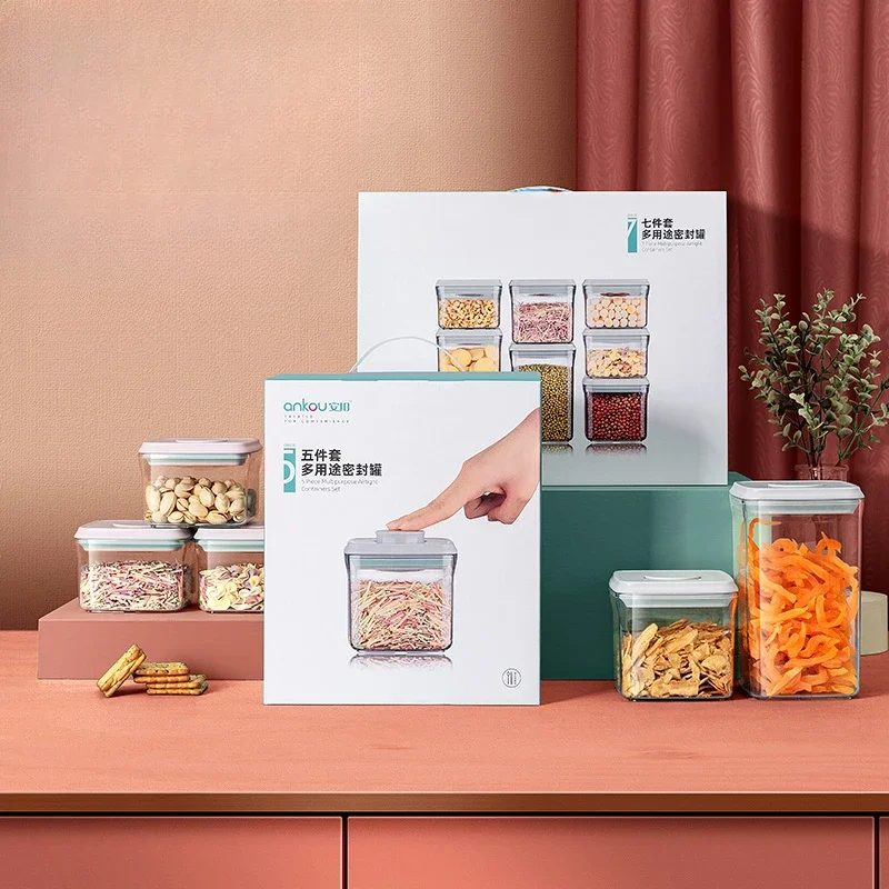 Ankou Kitchen Use Waterproof Food Grade One Button Press Snack Nice Clear Food Storage Containers with Airtight Lids 5 PCS Set
