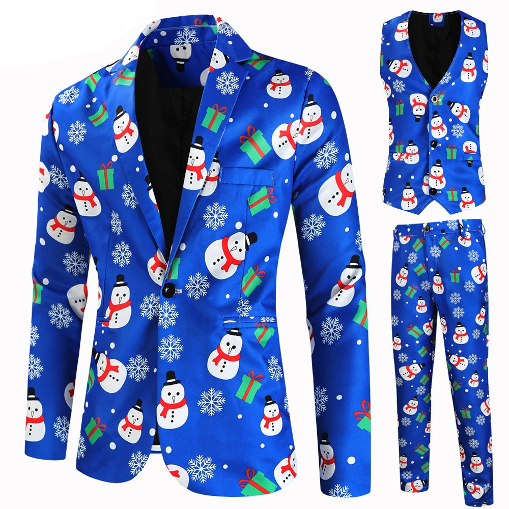 Traje de 3 piezas para fiesta de Navidad para hombre, traje de corte Regular con copos de nieve, sombrero de Papá Noel, chaqueta estampada, chaqueta, pantalones, chaleco, uniforme para niños para Navi