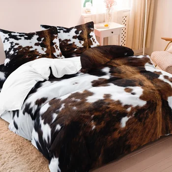 3Pcs Brown And Black Cow Pattern Yak Leather Printed Duvet Cover Included 1*Duvet Cover &2 Pillowcase( Comforter Not Included) 1