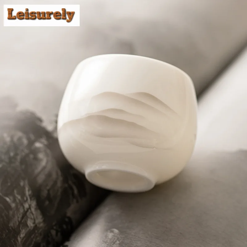 130ml Dehua Mutton-fat Jade Porcelain Tea Cup Retro Ink Mountain Master Cup Tasting Personal Tea Bowl Chazhan Drinking Gift Box