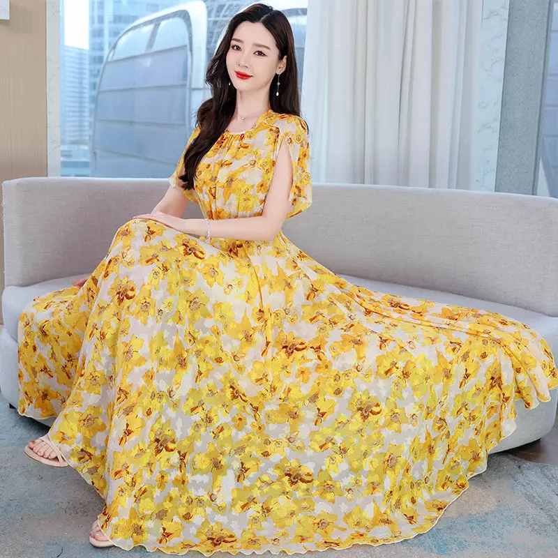 

2023 Summer Round Neck Short Sleeve Printed Jacquard Chiffon Dress Women Slim Popular Mid Length Dress Elegant Vestidos Z1098