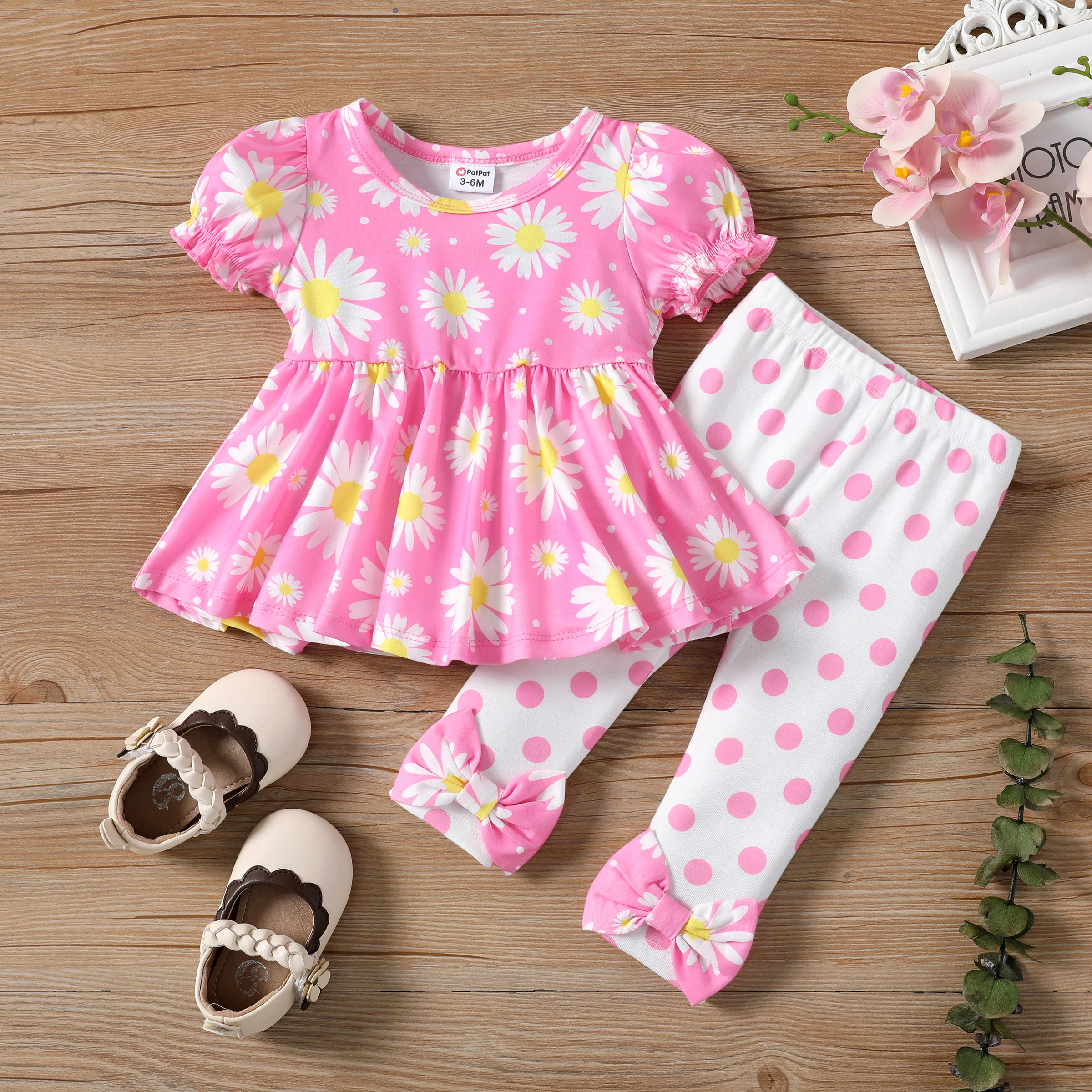 

PatPat Baby/Toddler Girl 2pcs Puff-sleeve Floral Print Top and Polka Dots Print Leggings Set