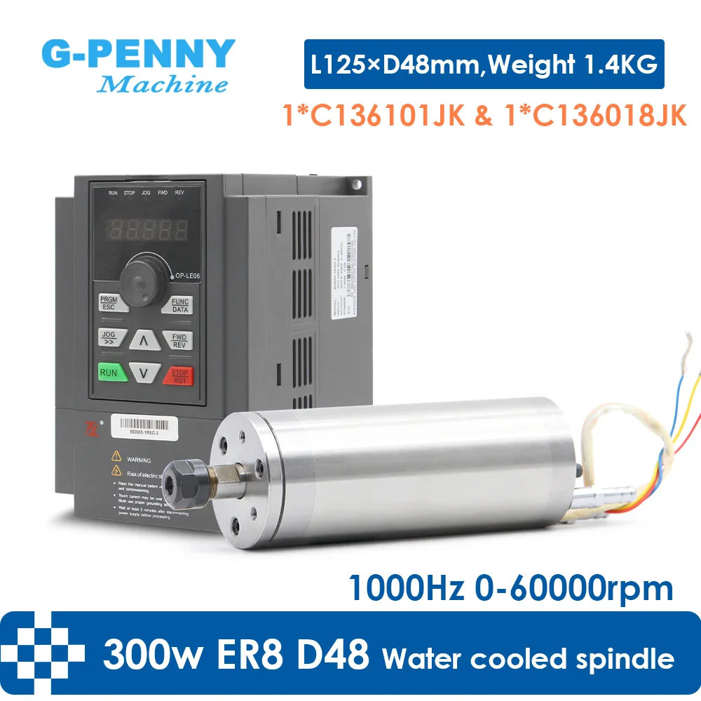 G-Penny 300W 75V ER8 Wassergekühlter Spindelmotor 48mm 60000U/min 1000Hz und 220V 1,5kW BD600 Wechselrichter