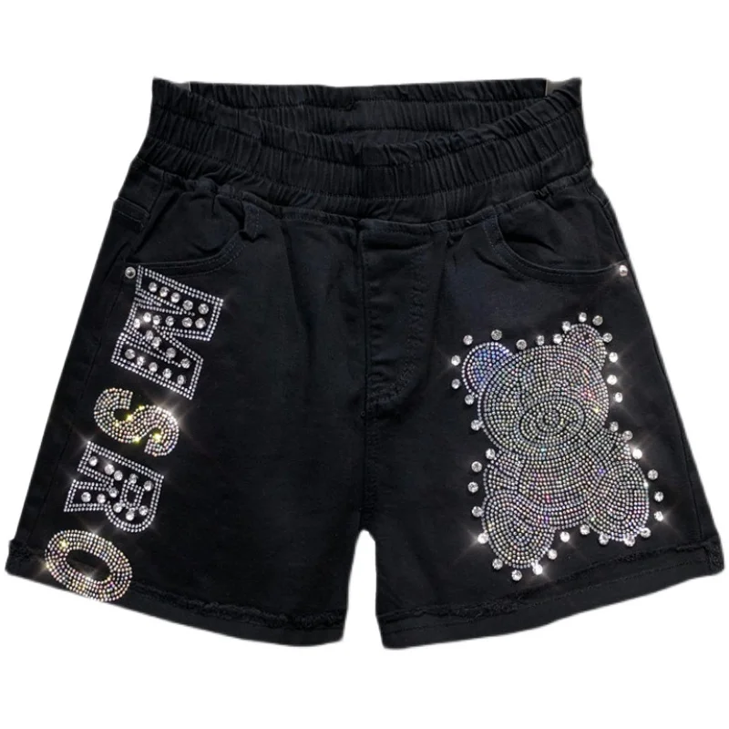 Women Black Short Jean 2022 New Summer Fashion Al-match High Elastic Waist Cartoon Letters Diamond Wide Leg Hot Denim Shorts