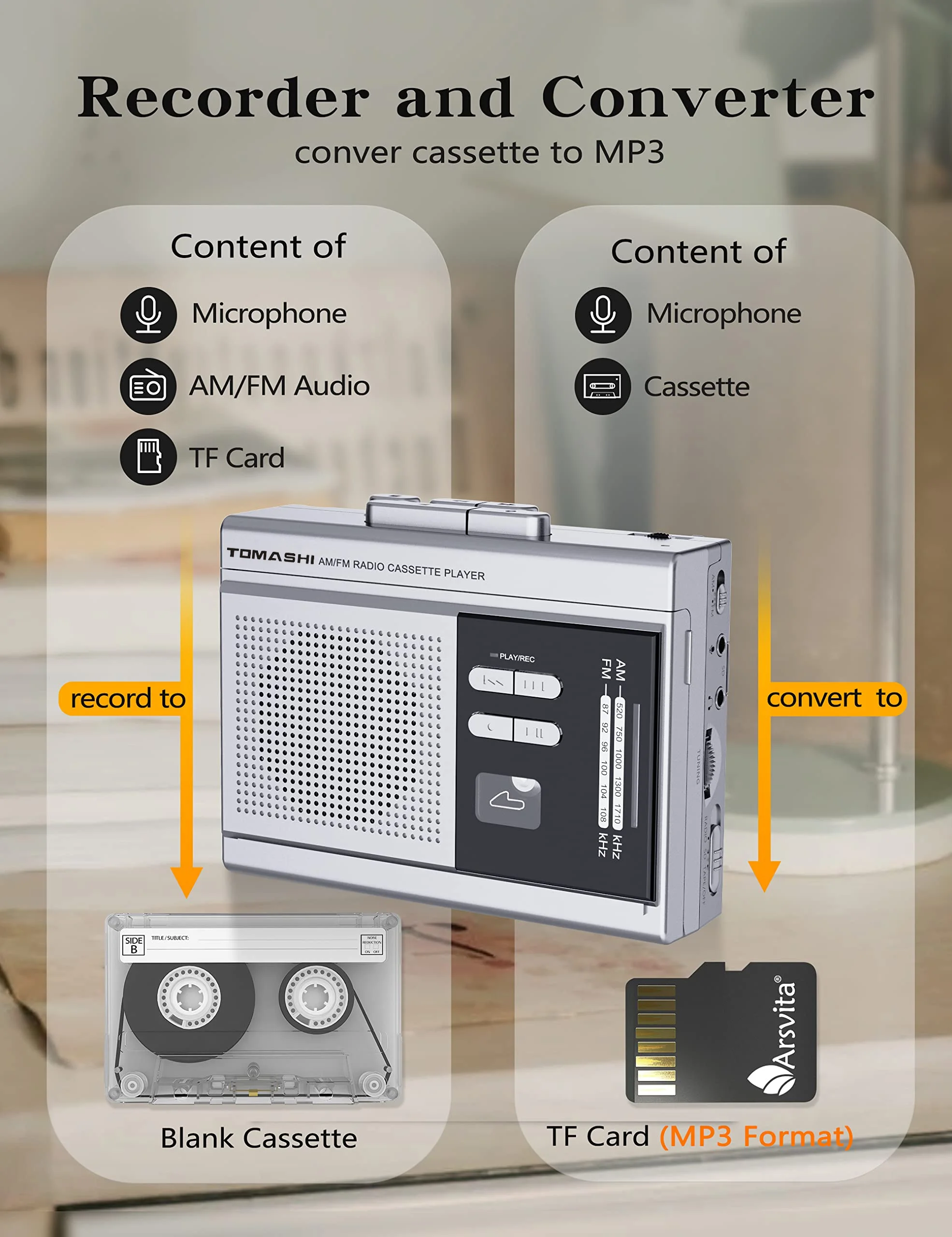TOMASHI Portable Cassette Radio Player Walkman Recorder Tape to MP3 Converter with Built-in Speaker Microphone Support Headphone cassette player music digitizer player