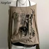 Neploe Literary Vintage Slim Y2K American Fairycore Ropa Mujer Spice Girls Skeleton Print Shirt Slash Goth Loose Harajuku Tops 1