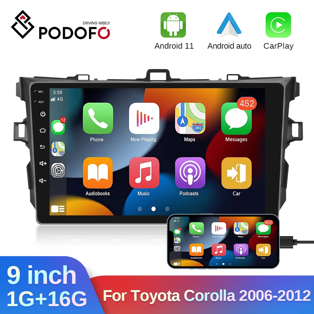 

Podofo Carplay Radio For Toyota Corolla 2006-2012 9inch Android Car Multimedia Player Auto Stereo Player Wifi GPS For Toyota
