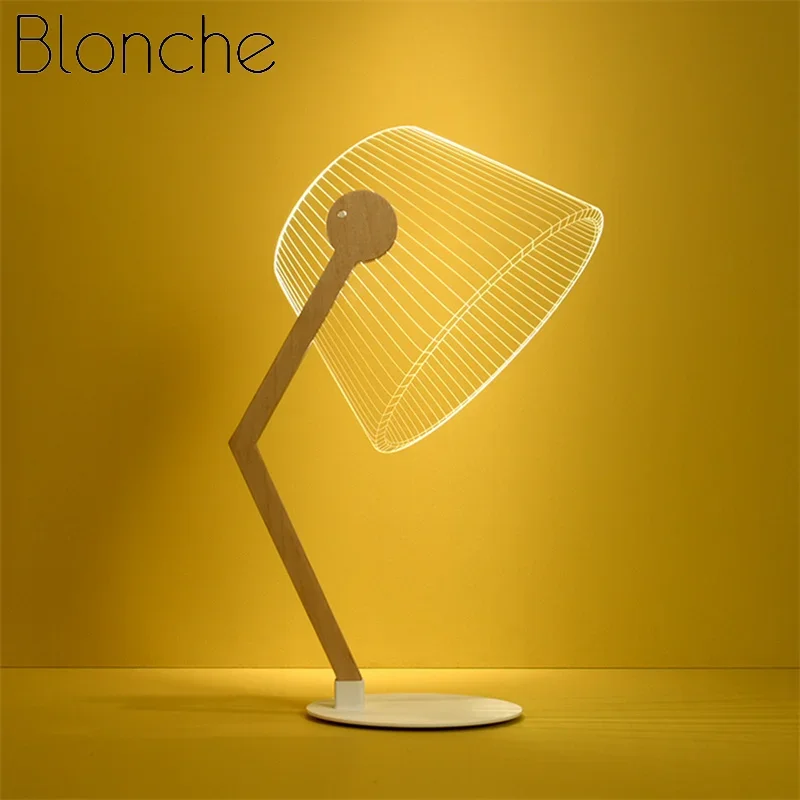 3D Effect Stereo Vision LED Desk Lamp Wood Support Acrylic Lampshade LED Light Living Room Bedroom Reading Lamp with USB Plug 2