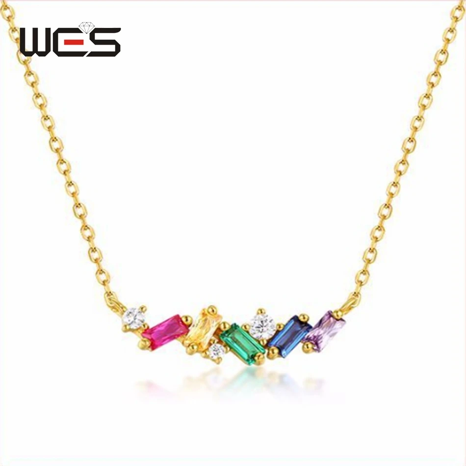 

WES 925 Sterling Silver CZ Necklace for Woman Rainbow Crystal Cubic Zicron Fine Jewelry Luxury Christmas Gifts Engagement