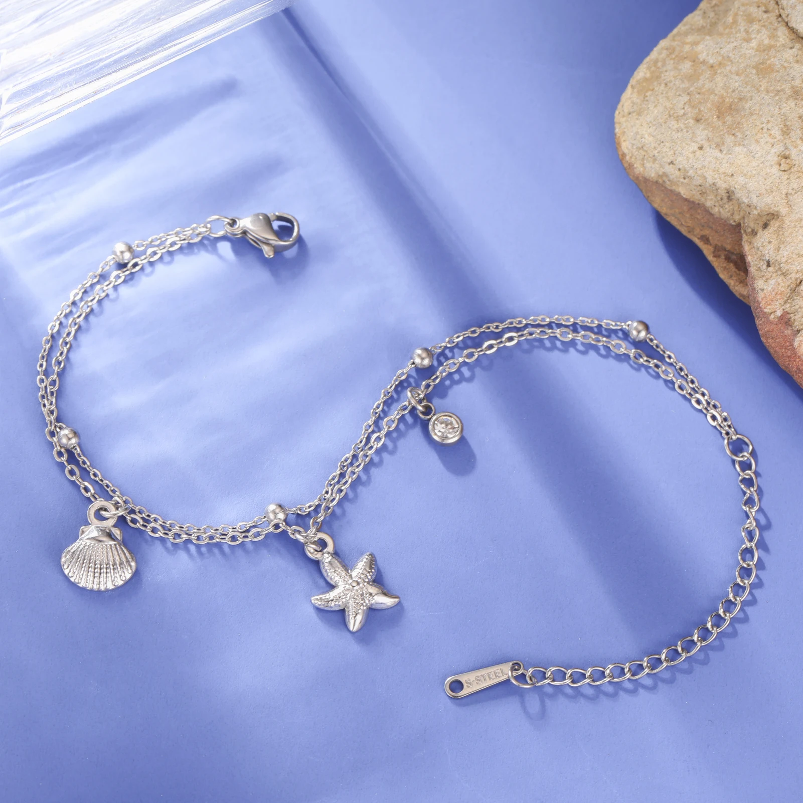 COOLTIME Starfish Shell Charm Anklet Women Stainless Steel Double Layer Chain Bracelets Beach Jewelry Accessories Gift