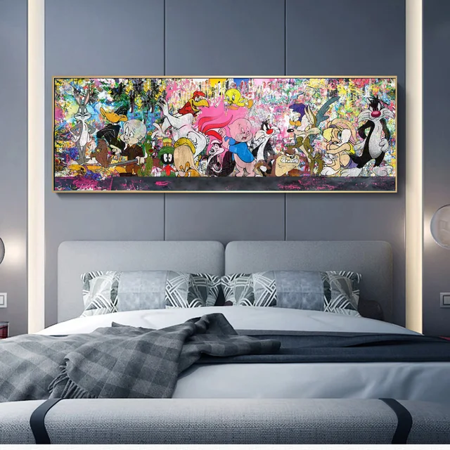 ดิสนีย์ มิกกี้เมาส์ กราฟฟิตี้วอลล์อาร์ตโปสเตอร์แบงก์ซี่สตรีทผ้าใบพิมพ์ภาพป๊อปอาร์ตโดนัลด์ดั๊กภาพดิสนีย์ภาพวาดผ้าใบ 1
