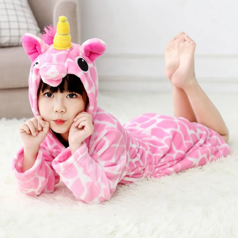 New Winter Big Boys Girls Bath Robe Children Unicorn Hooded Flannel Pajamas Lengthen Bathrobes for Teenage Boy Cartoon Pajamas