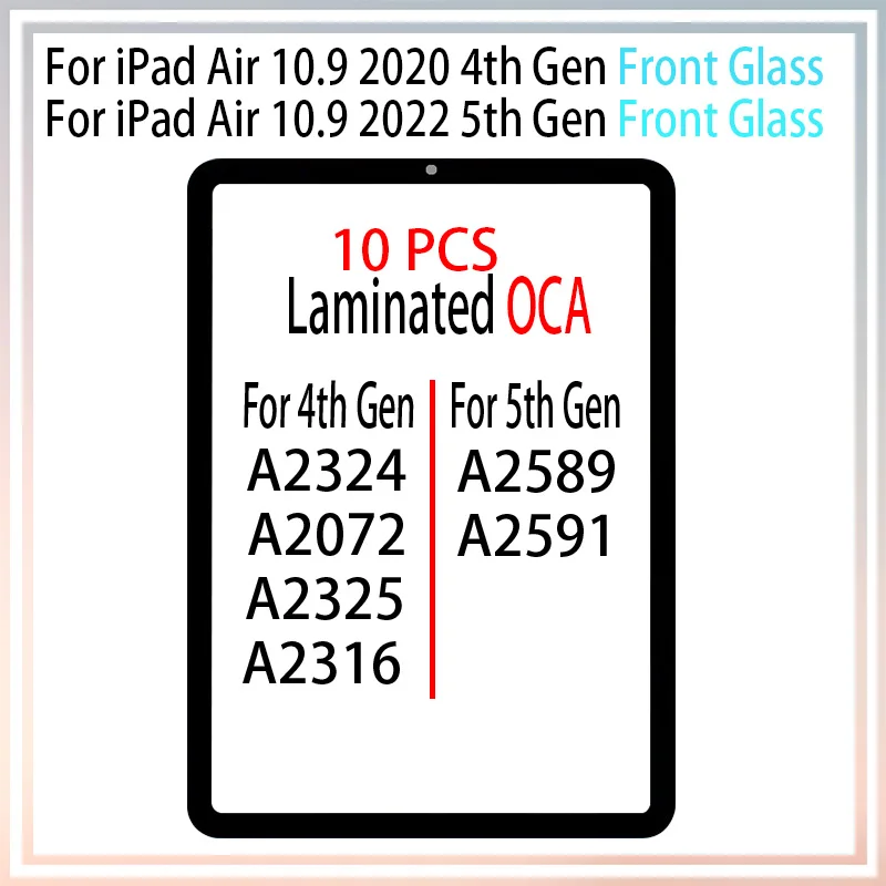 

10Pcs/lot Laminated OCA Touch Front Glass Screen For iPad Air 4 2020 A2324 A2072 A2325 A2316 Air 5 2022 A2589 A2591 Outer Panel