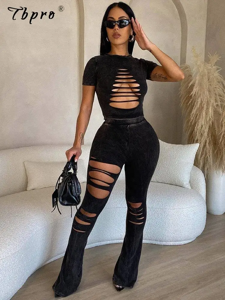 

Sexy Streetwear Hollow Out Mesh Sheer Pants 2 Pieces Sets Women Short Sleeve Round Neck Skinny Tops And Slim Trousers Suits Lady