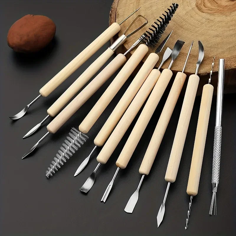 11pcs Pottery Clay Sculpting Modeling Tool Set Double-Sided Ceramic Polymer Clay Carving Smooth Wooden Handle