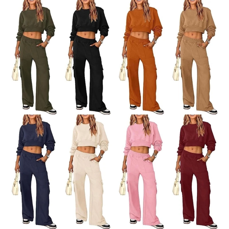 

Women's Two Piece Outfit Long Sleeve Cropped Pullover Tops Long Pants Tracksuit P8DB