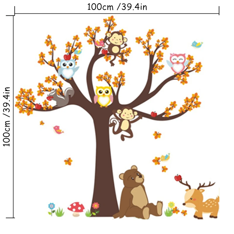 Cartoon Animal Big Tree Wall Decals Cute Baby Bear Deer Monkey Owl 3D Vinyl Stickers for Kids Bedroom Nursery Rooms Decoration
